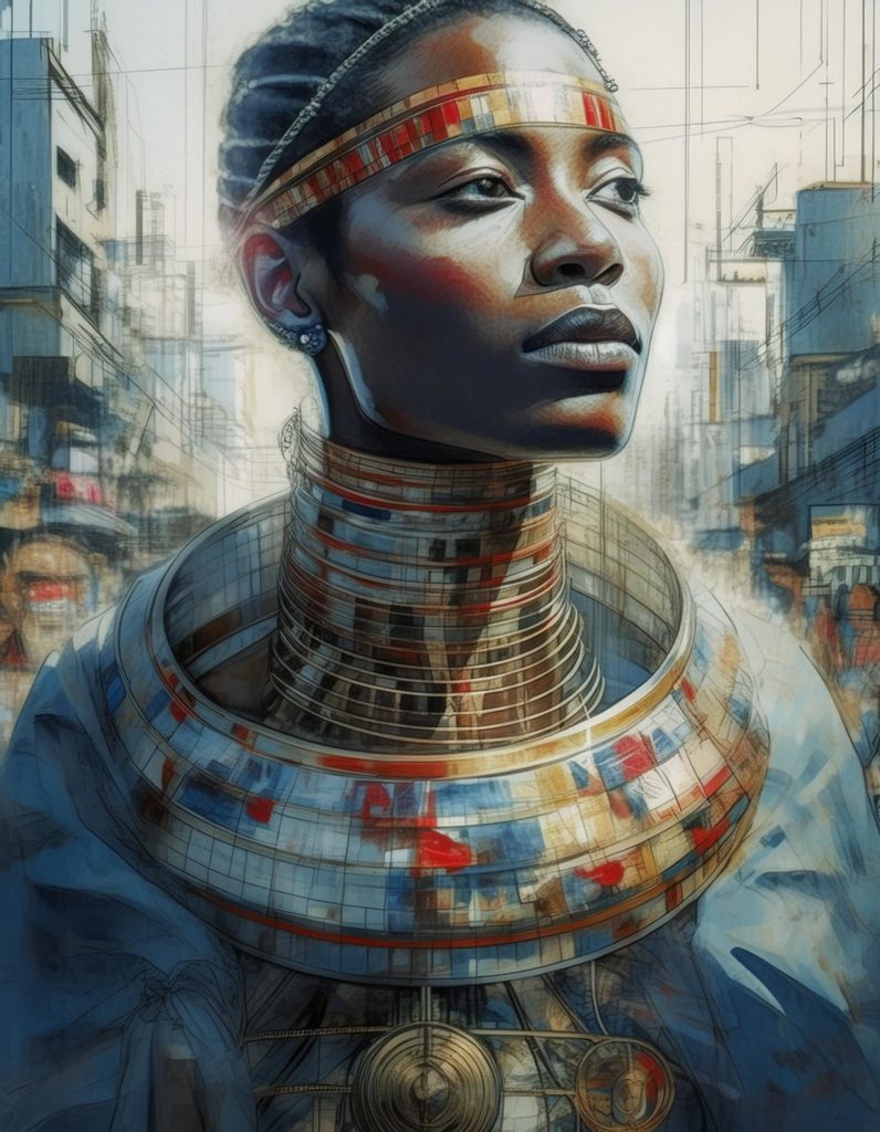 Une peinture réalisée par IA Intelligence Artificielle générative, d'une femme de la tribu Padaung avec un très long cou et des colliers en spiral, dans une version moderne