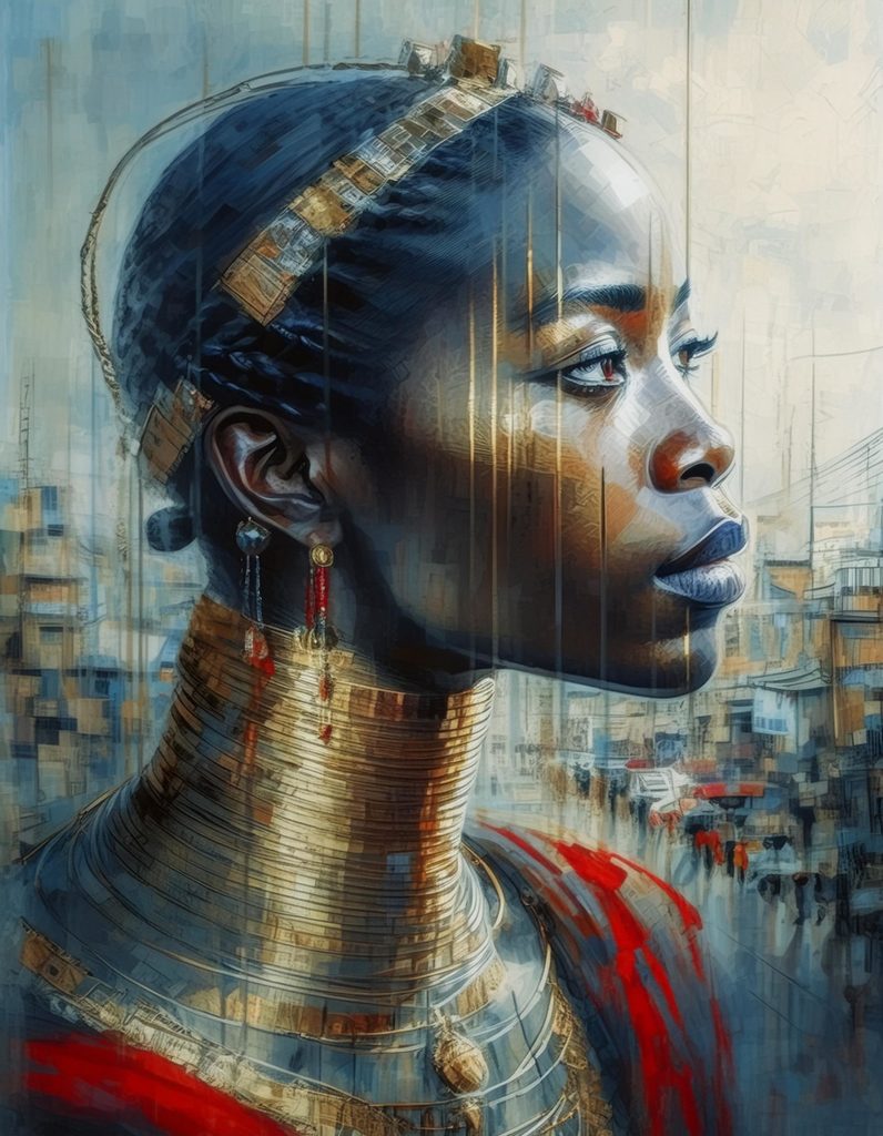 Une peinture réalisée par IA Intelligence Artificielle générative, d'une femme de la tribu Padaung avec un très long cou et des colliers en spiral, dans une version moderne