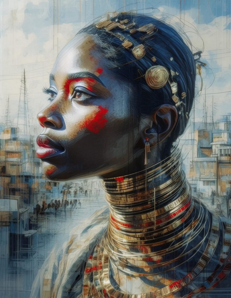 Une peinture réalisée par IA Intelligence Artificielle générative, d'une femme de la tribu Padaung avec un très long cou et des colliers en spiral, dans une version moderne