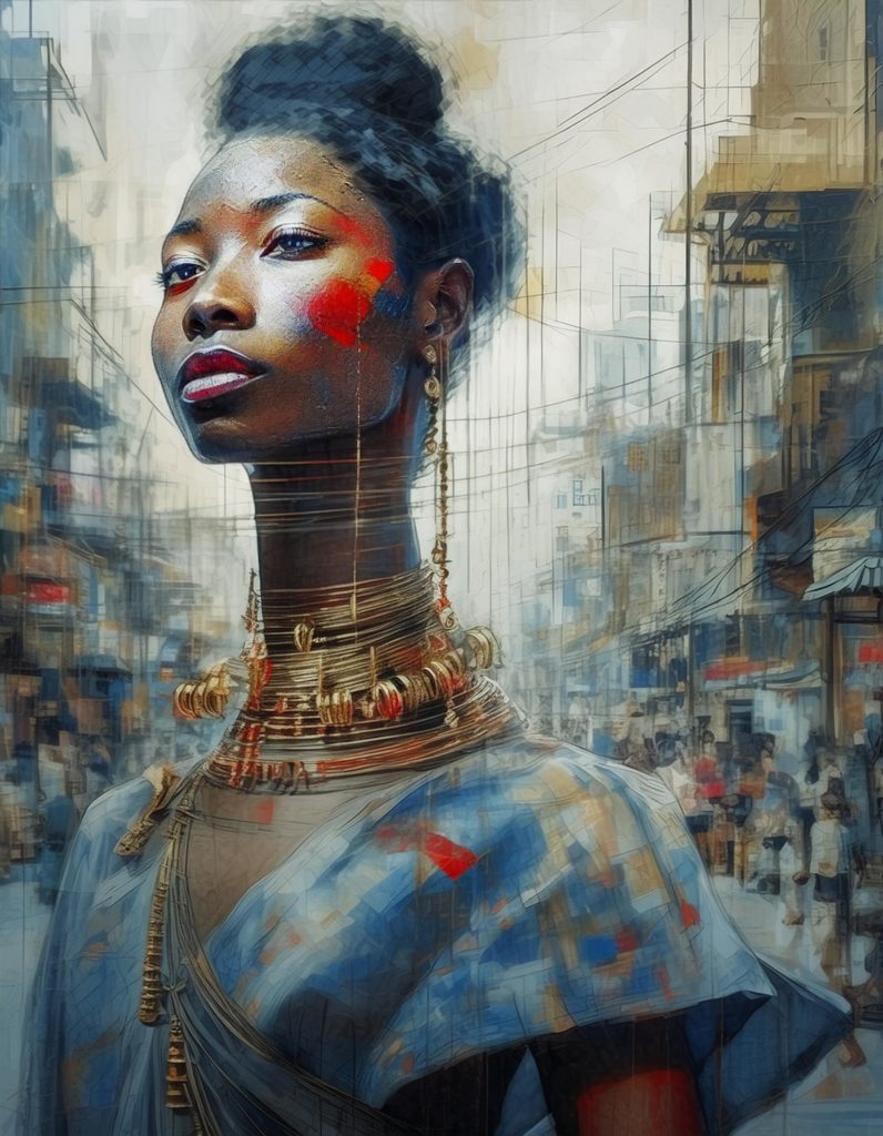 Une peinture réalisée par IA Intelligence Artificielle générative, d'une femme de la tribu Padaung avec un très long cou et des colliers en spiral, dans une version moderne