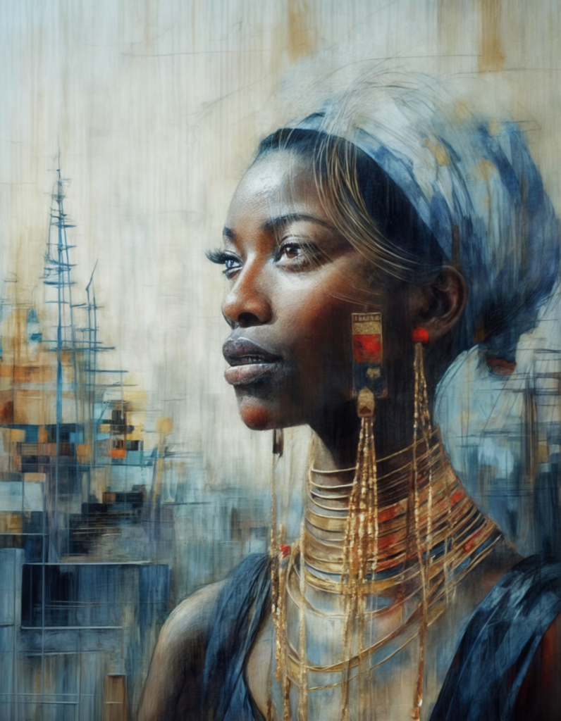 Une peinture réalisée par IA Intelligence Artificielle générative, d'une femme de la tribu Padaung avec un très long cou et des colliers en spiral, dans une version moderne